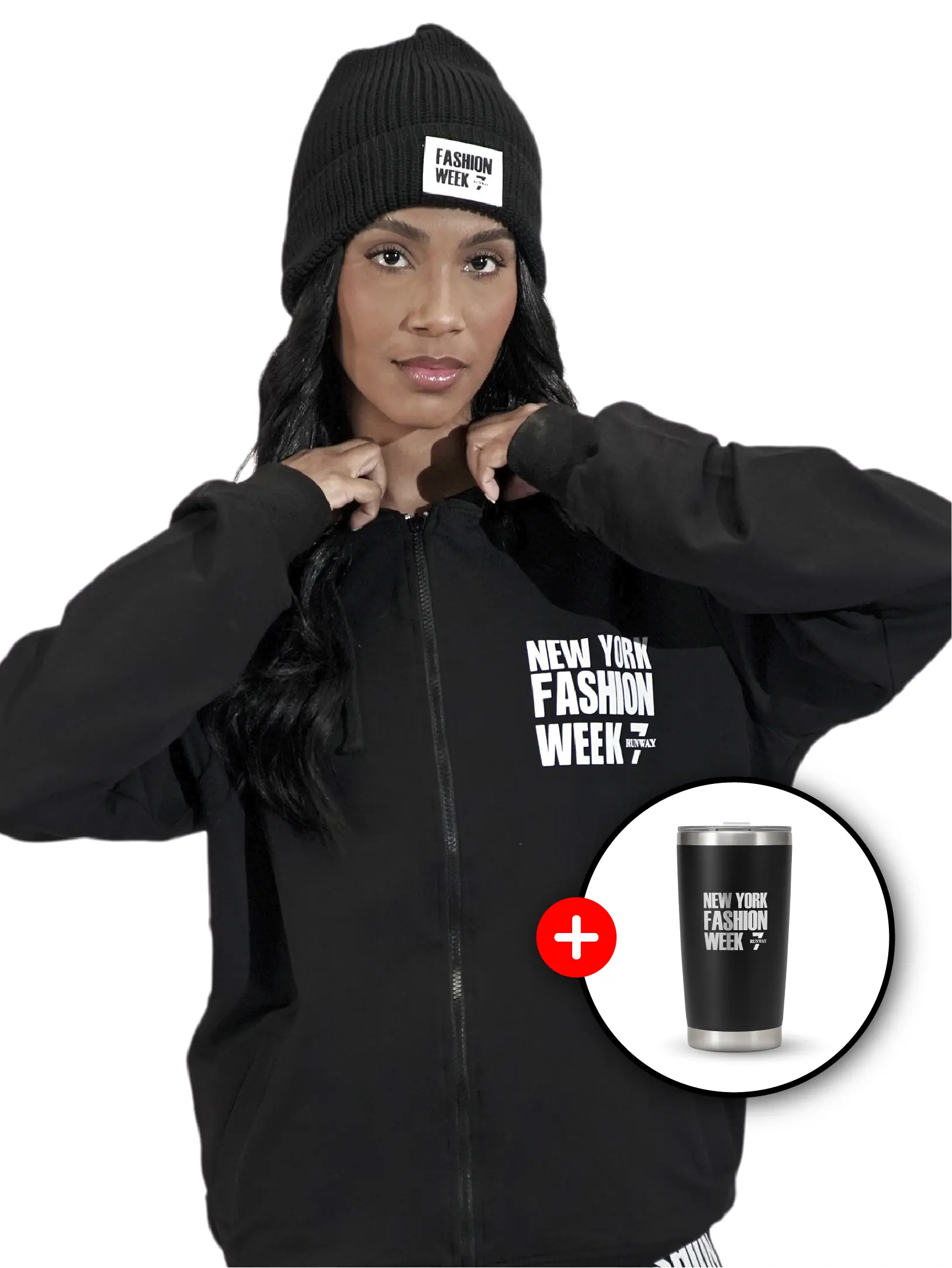 nyfw black zip up hoodie +nyfw metallic cup