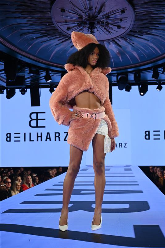 Sustainable fashion on the Runway 7 NYFW runway by designer Lewis Beilharz, showcasing animal-free alternatives for the CFDA fur ban.