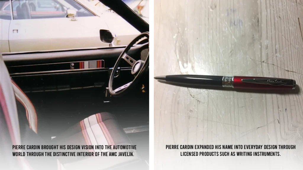 Pierre Cardin-designed AMC Javelin interior and Pierre Cardin ballpoint pens showing fashion brand licensing