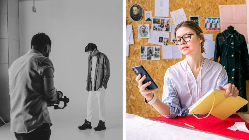 Fashion designer using a smartphone in a studio and a campaign photoshoot representing modern brand storytelling