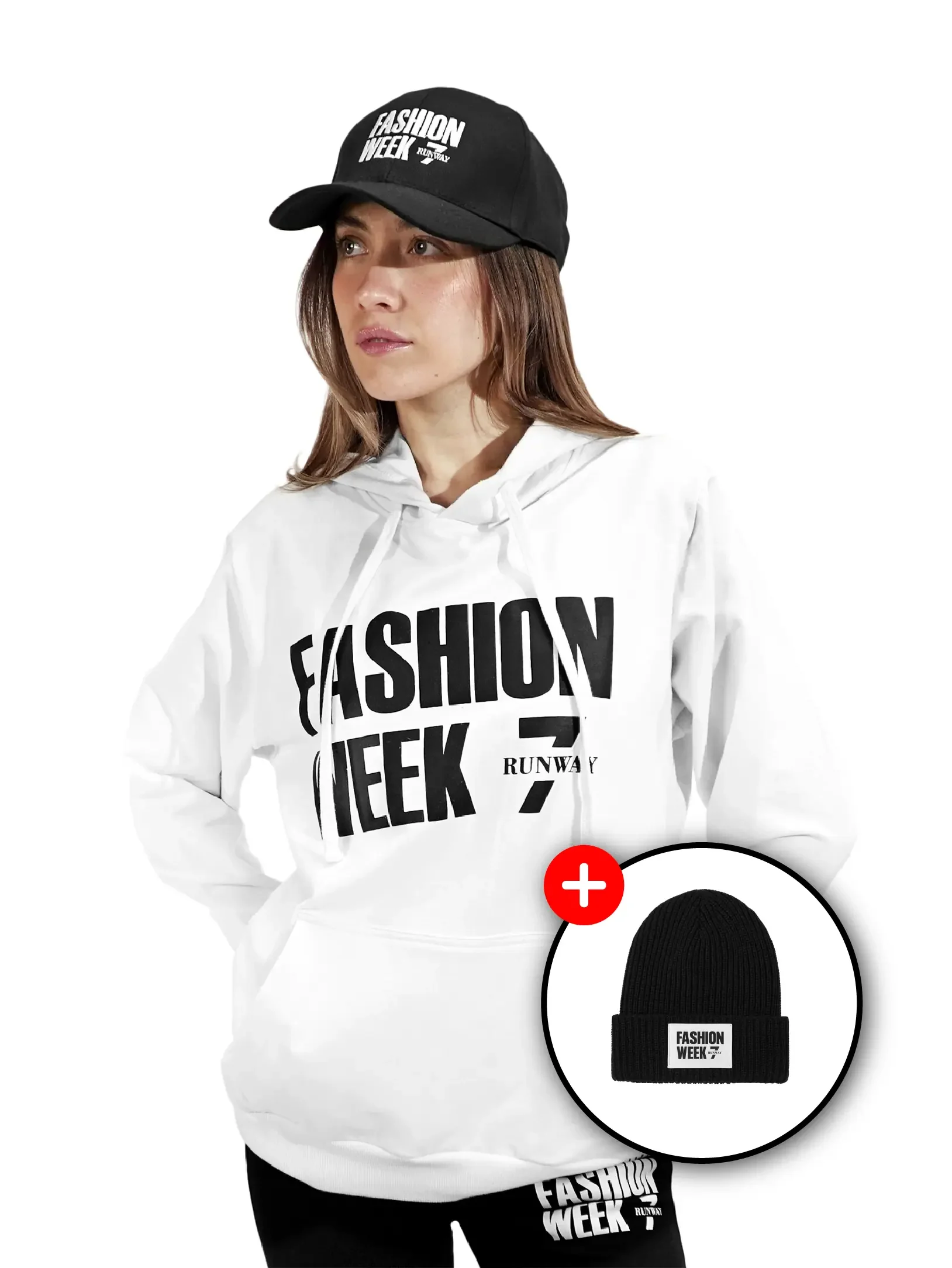 fashion week white pull over hoodie +fashion week black beanie