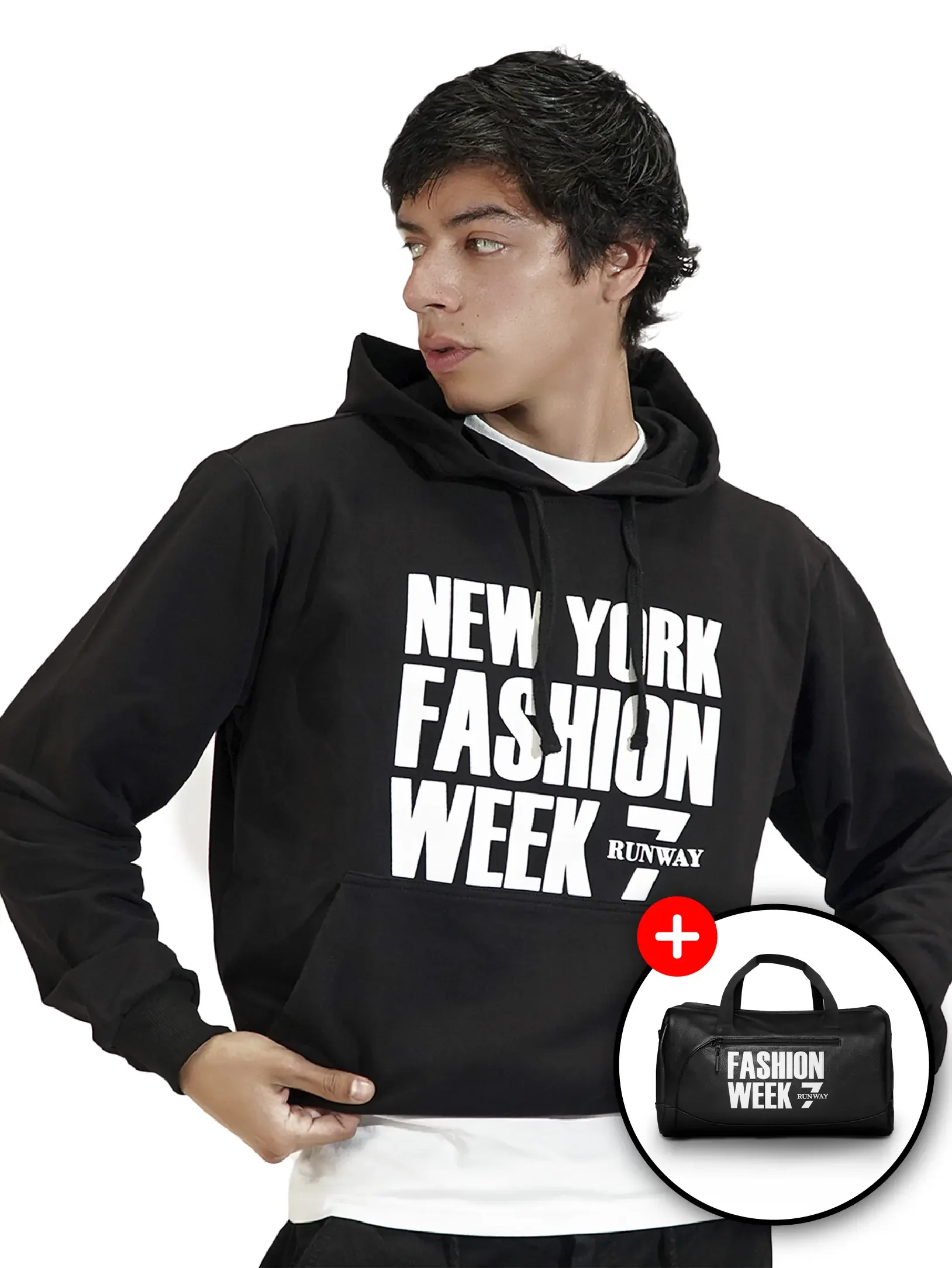 nyfw black pull over hoodie +nyfw carry on bag