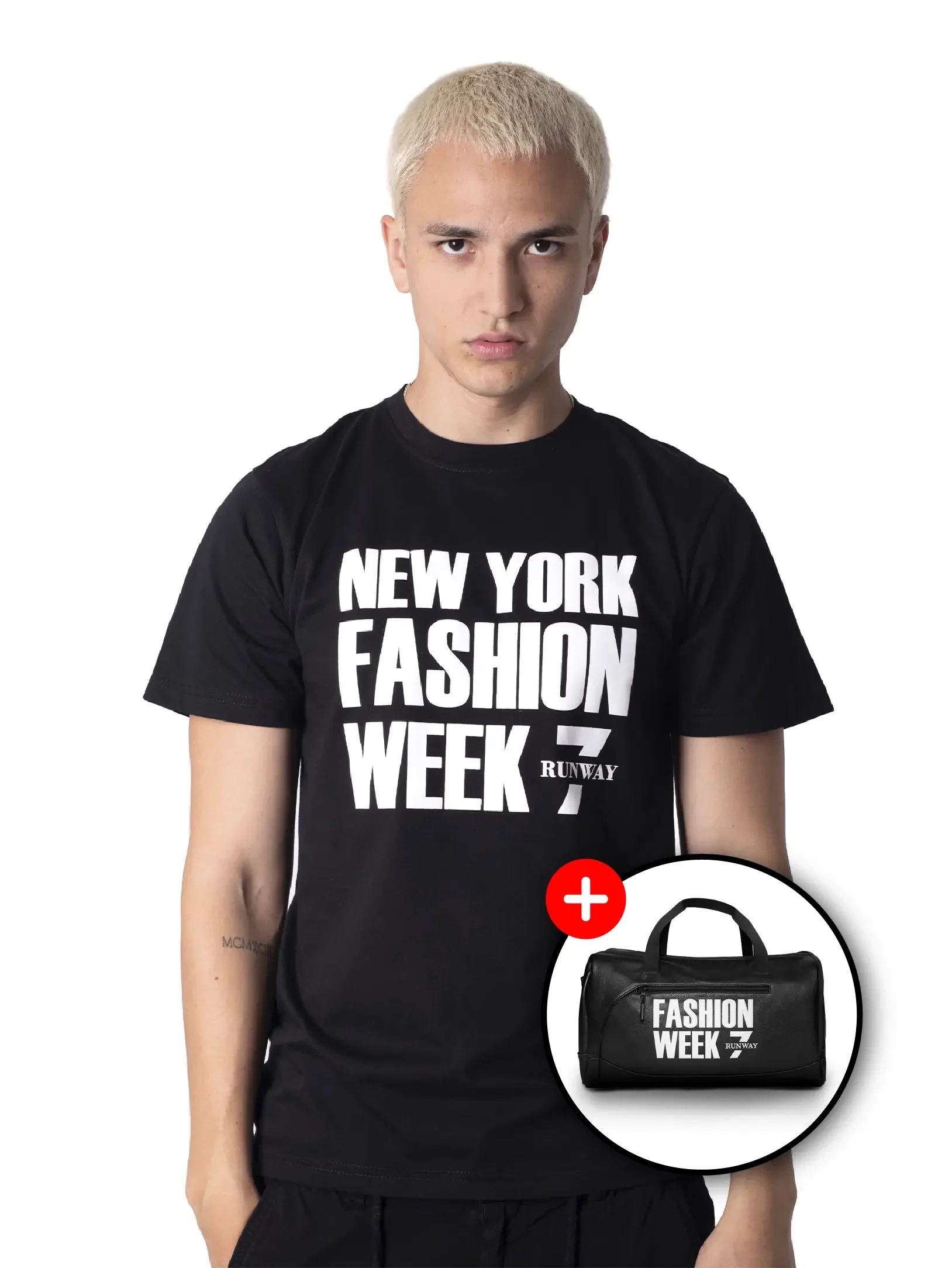 nyfw classic black tee +fashion week duffel bag