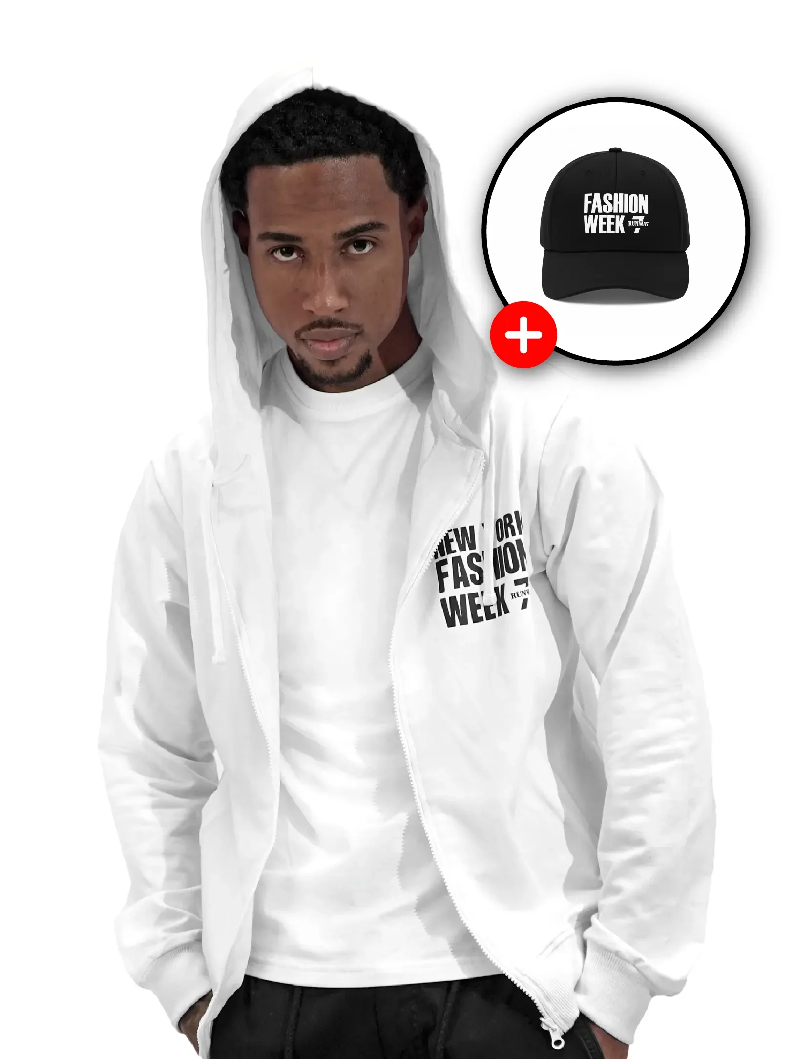 nyfw white zip up hoodie +fashion week black cap